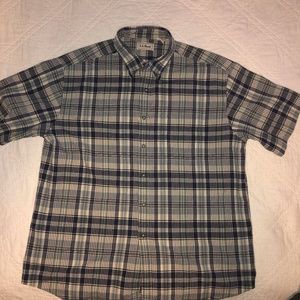 Men's LL Bean s/s blue plaid cotton shirt L EUC